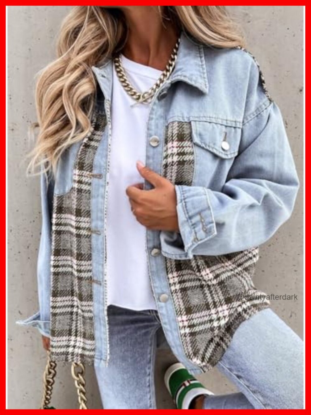 Oversized Plaid Denim Shacket Button Down Long Sleeve Jean Jacket - Picture 2 of 6